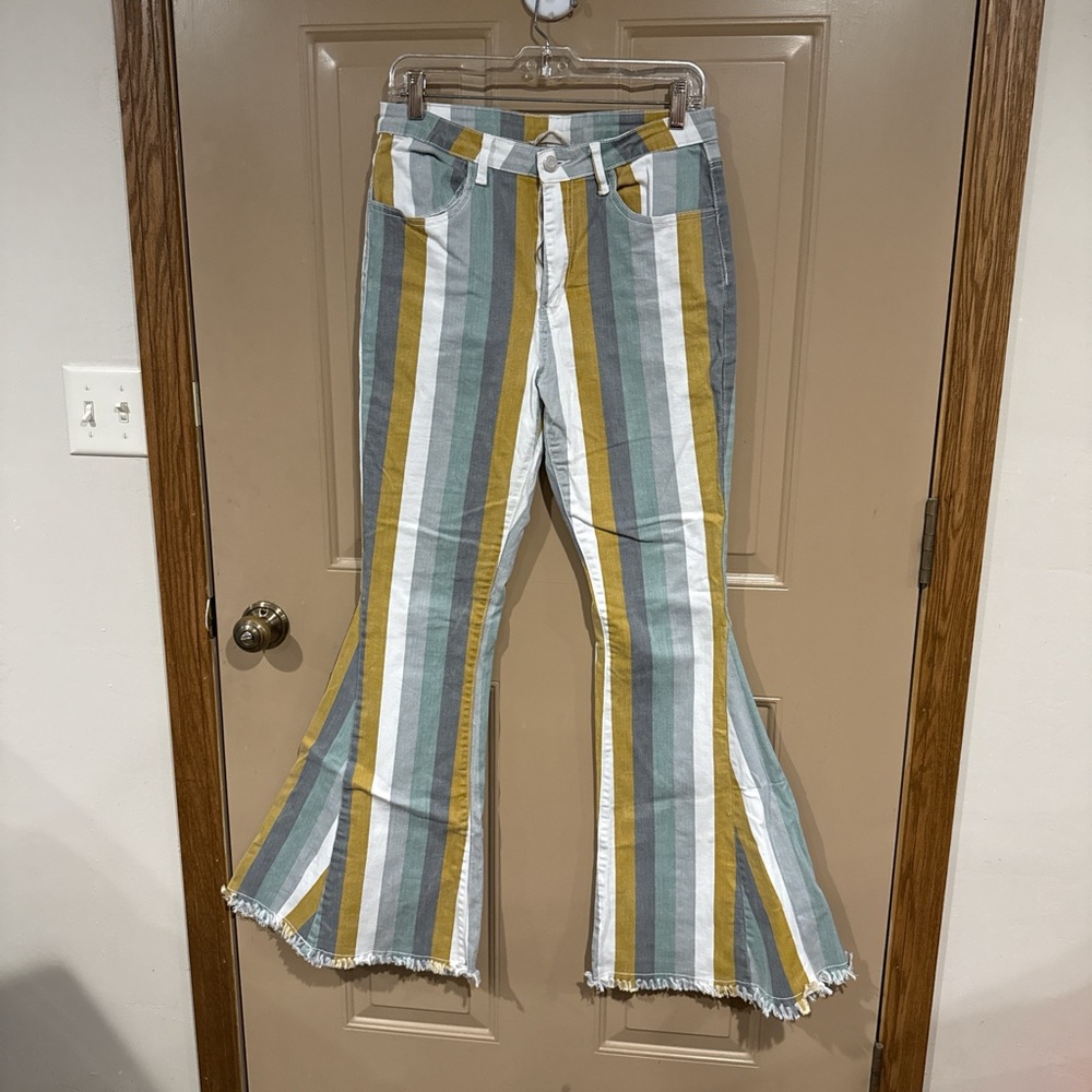 Striped Flare Jeans in Green, Yellow, and White